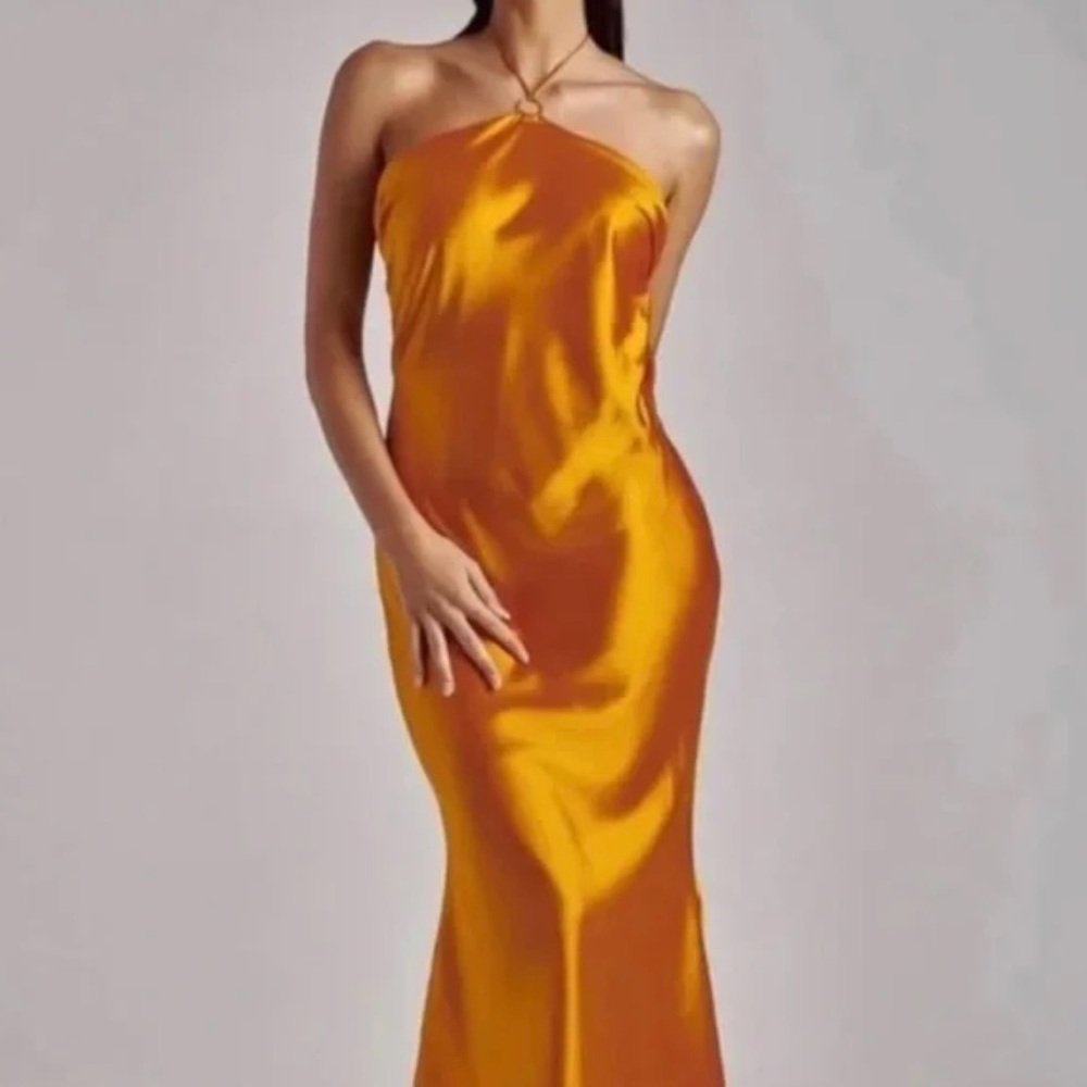 Meshki Ivana Satin Halter Midi Dress-Tangerine